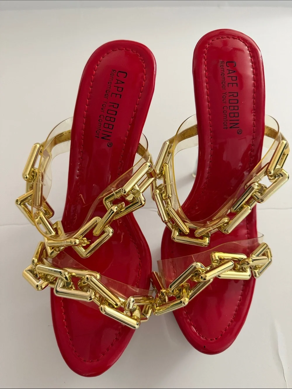 Cape Robbin Clear Platform Sandal with Red Upper and Gold Chain